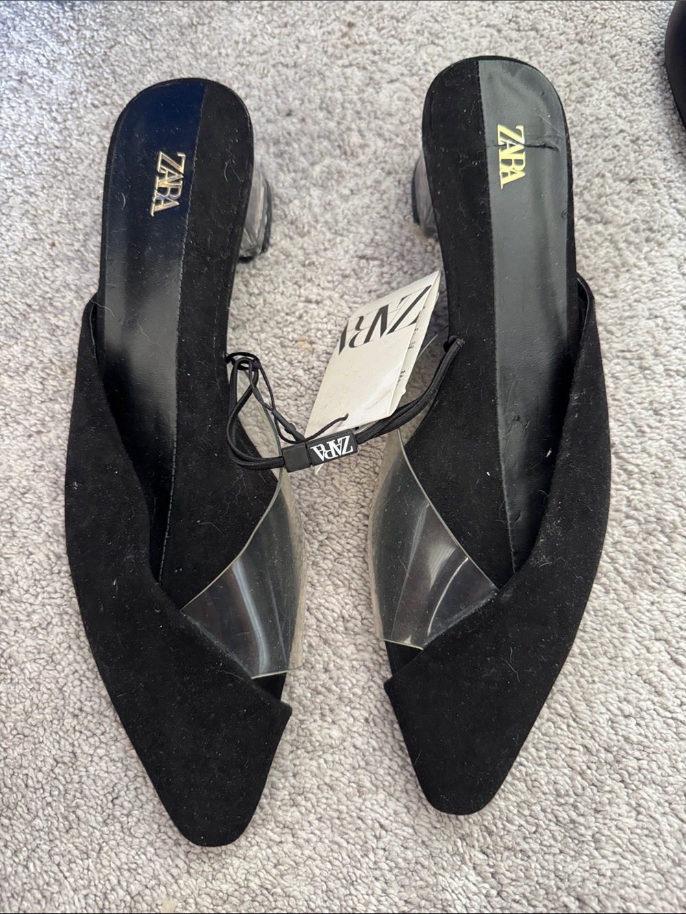 Zara Black Suede & Clear Strap Pointed Mid-Heel Mules